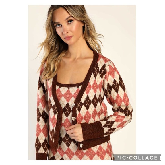 Lulus Clued In Cutie Brown Multi Argyle V-Neck Cardigan Size Large - Picture 13 of 14